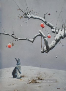 動物 Painting - 残りの赤と雪のウサギ